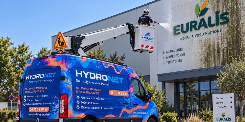 nettoyage d'une façade d'un batiment industriel par l'entreprise Hydronet